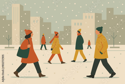 Urban Snowy Plaza. Urban snow day minimalist flat illustration of stylized pedestrians wearing bright winter