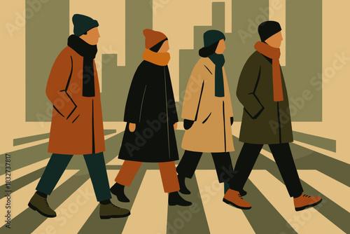 Winter Street Style. Street style winter look minimalist flat illustration of stylized figures in coats,