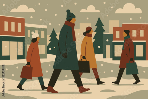Winter Shopping Stroll. Winter shopping district minimalist flat illustration of figures in coats and boots