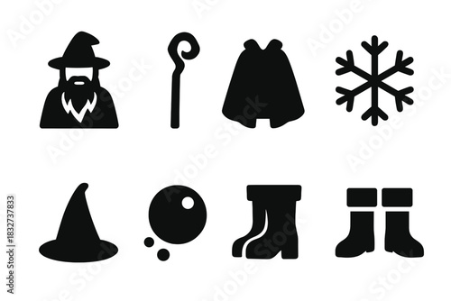 Winter Sorcerer Icons. Winter sorcerer design. Filled icon set of Winter sorcerer design: wizard, staff, cloak
