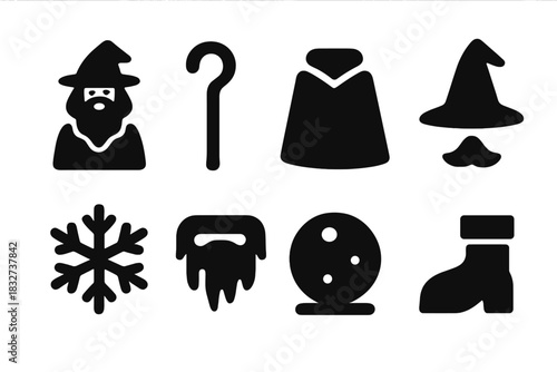 Winter Wizard Icons. Winter magic wizard. Filled icon set of Winter magic wizard: wizard, staff, cloak, hat,