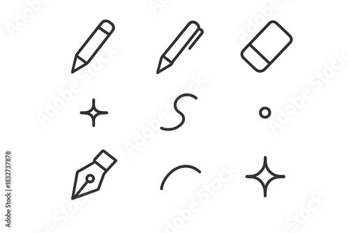Black Writing Tools Icons. Writing tools. Line outline icon set of Writing tools: pencil, pen, eraser, marker,