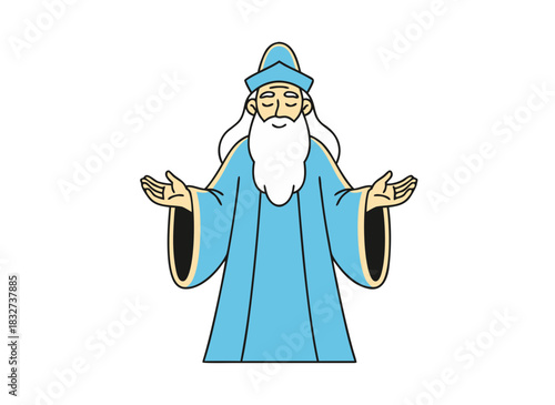Stylized Wizard Character with Long White Beard Blue Robe and Pointed Hat Isolated on Black Background