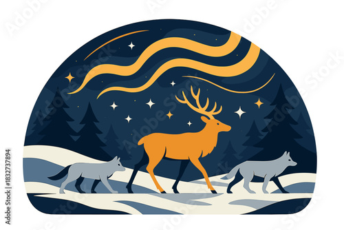 Aurora Night Wilderness. Frozen wilderness night. Elk and wolves cross snow beneath aurora bands, floating