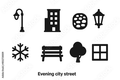 Evening City Icons. Evening city street. Filled icon set of Evening city street: street lamp, building,