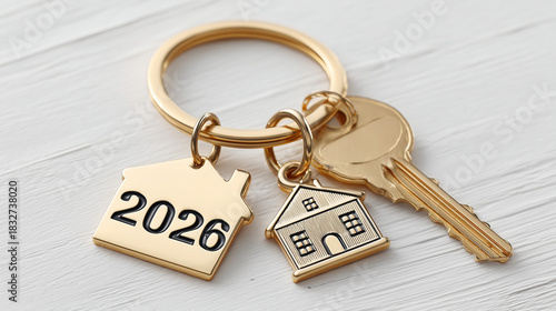 Close-up of a gold keychain with house-shaped charms, including a 2026 tag, symbolizing real estate, new homes, investing in the future, buying real estate, and new beginnings in 2026.