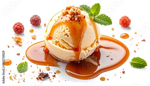 Delicious vanilla ice cream scoop with caramel sauce and fresh raspberries design