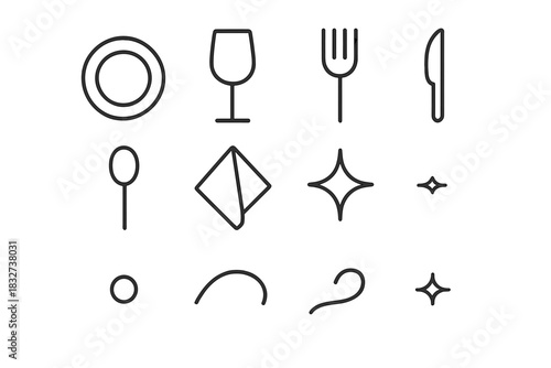 Tableware Icon Set. Tableware details. Line outline icon set of Tableware details: plate outline, wine glass