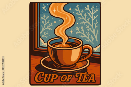 Retro Tea Scene. Cup of tea by frosty window. 70s poster vibe, warm–cool gradient, thick outlines, offset