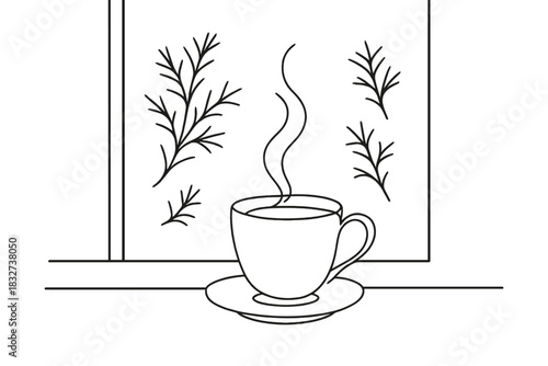Tea by Frosty Window. Cup of tea by frosty window. Minimalistic one-line drawing of a cup on a windowsill with