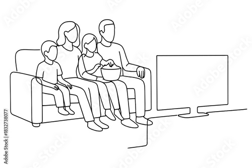 Minimalist Family Movie Night. Family movie night at home. Minimalistic one-line drawing family sitting on
