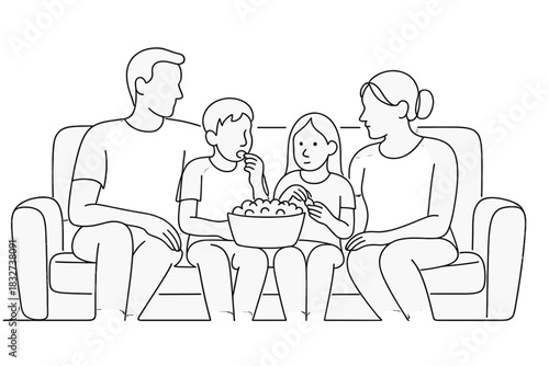 Family Movie Night. Movie night together. Minimalistic one-line drawing parents and children on couch looking
