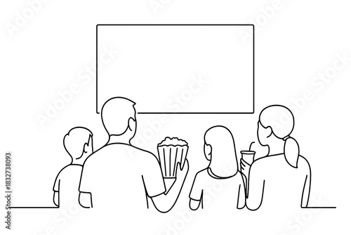 Family Movie Night. Home cinema night. Minimalistic one-line drawing family facing TV screen with popcorn and