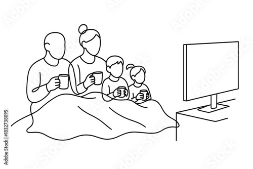Minimalist Film Night. Winter evening film. Minimalistic one-line drawing family with blanket and hot drinks