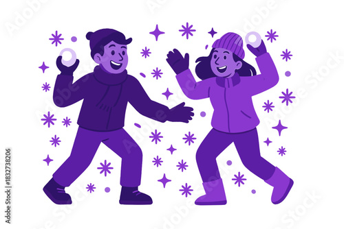 Winter Snowball Fun. Snowball play. Couple tossing snowballs, playful expressions, tiny spark shapes and