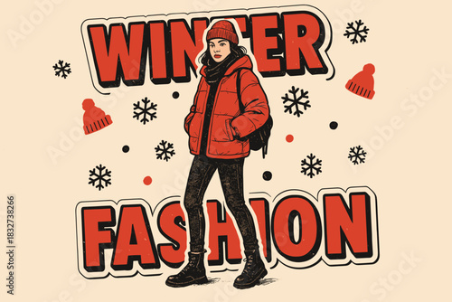 Winter Street Fashion. Winter street fashion editorial. retro sticker block lettering, bold cut-out outline in