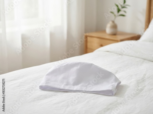 White pillowcase folded neatly on a white bed