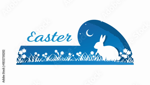 Elegant blue easter graphic featuring the word easter a silhouette of a rabbit in a moonlit meadow with stars and delicate white flowers and grass
