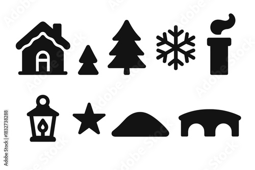 Frosty Village Icons. Frosty village scene. Filled icon set of Frosty village scene: house, pine tree,