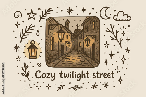 Cozy Twilight Street. Cozy twilight street. Hand-drawn doodle illustration of Cozy twilight street. Central