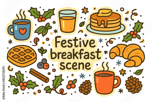 Festive Breakfast Delight. Festive breakfast scene. Hand-drawn doodle illustration of Festive breakfast scene.