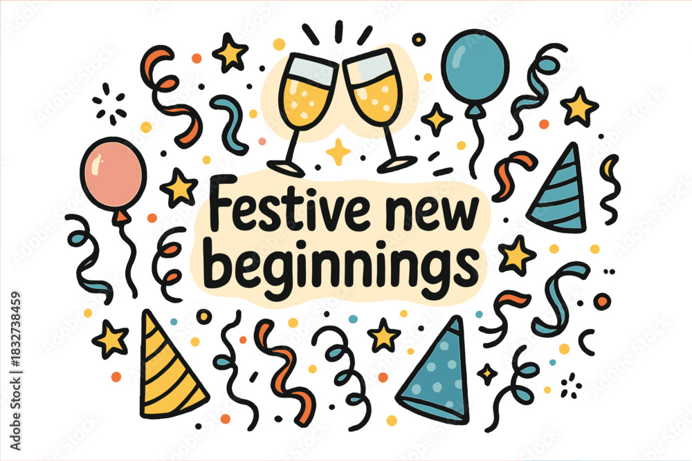 Naklejka premium Festive New Beginnings. Festive new beginnings. Hand-drawn doodle illustration of Festive new beginnings.
