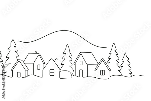 Minimalist Winter Village. Frosted village panorama. Minimalistic one-line drawing village rooftops and snowy