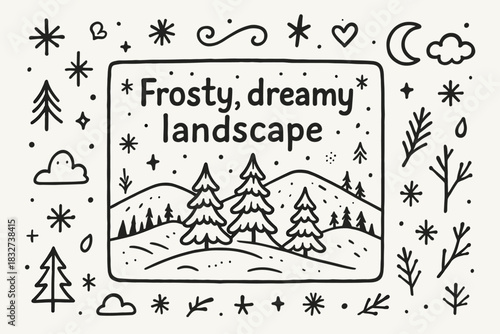 Frosty Dreamscape Illustration. Frosty dreamy landscape. Hand-drawn doodle illustration of Frosty dreamy