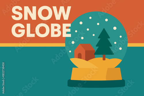 Minimalist Snow Globe Design. 3D render of snow globe scene. Modern minimalist poster banner, bold sans-serif