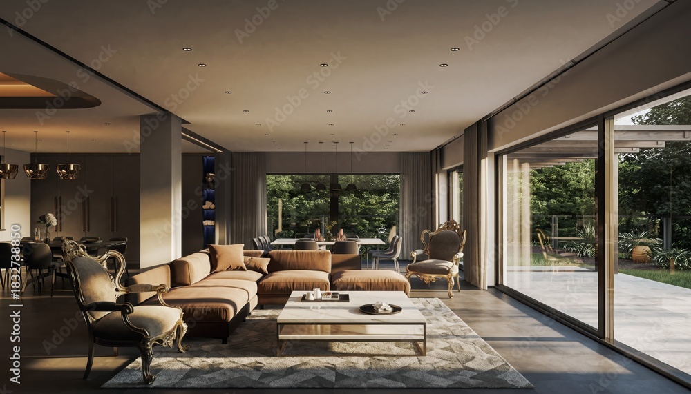 Fototapeta premium Elegant Living: Luxurious interior showcasing a modern living area with comfortable seating and an open design. Light floods the space through large windows, offering an inviting atmosphere.
