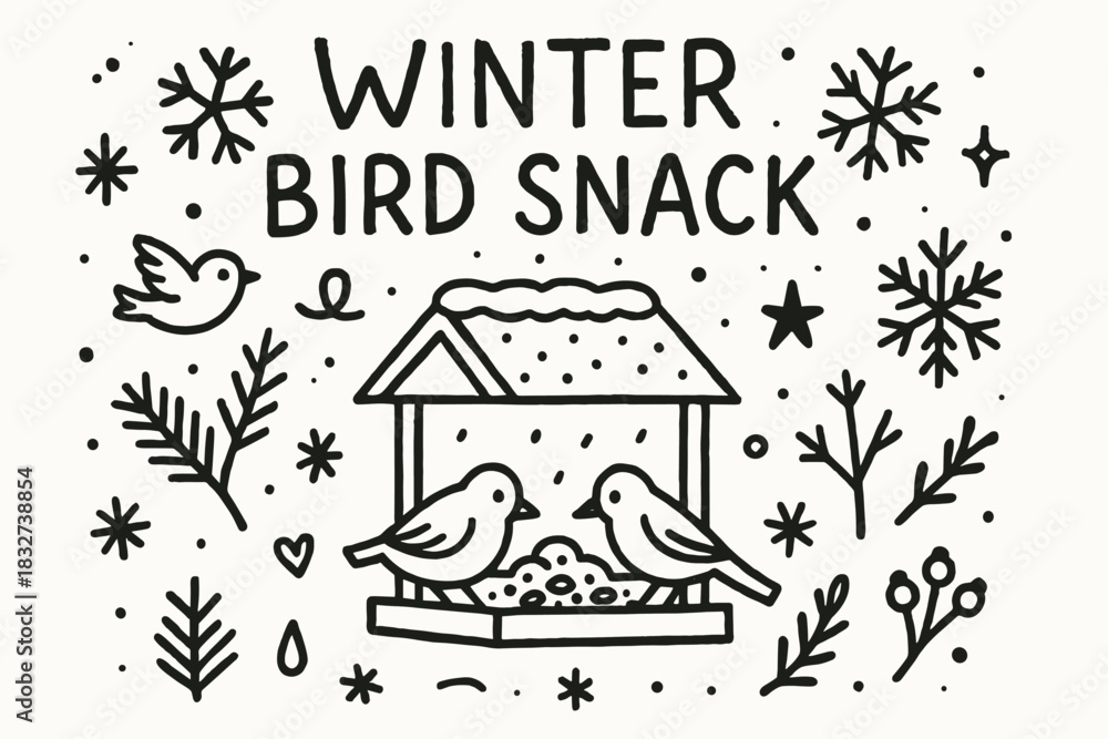 Fototapeta premium Winter Bird Snack. Winter bird snack. Hand-drawn doodle illustration of Winter bird snack. Central doodle
