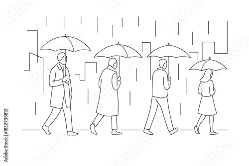 Minimalist Rainy Walk. People in rain. Minimalistic one-line drawing individuals holding umbrellas on rainy