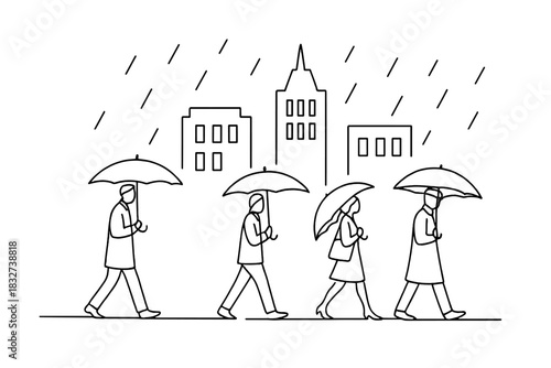 Minimalist Rainy Stroll. Rainy city walk. Minimalistic one-line drawing pedestrians holding umbrellas with