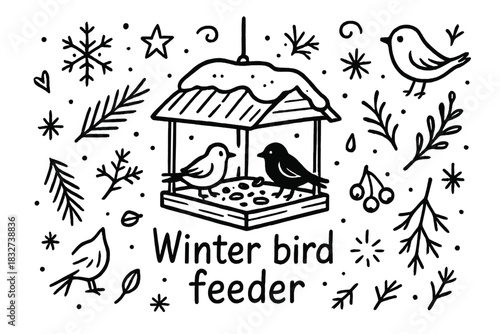 Winter Bird Feeder Scene. Winter bird feeder. Hand-drawn doodle illustration of Winter bird feeder. Central