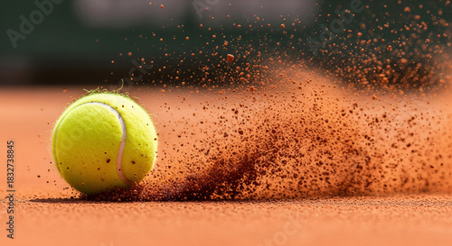 Tennis ball on clay court with dirt flying up during a match