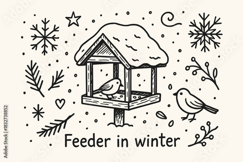 Winter Feeder Doodle. Feeder in winter. Hand-drawn doodle illustration of Feeder in winter. Central doodle