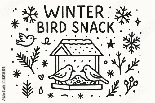 Winter Bird Snack. Winter bird snack. Hand-drawn doodle illustration of Winter bird snack. Central doodle