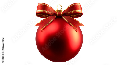 Shiny red Christmas ball ornament with a festive gold and red ribbon bow and hanging loop, perfect for holiday decoration and seasonal design projects