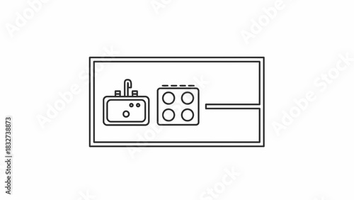 Kitchen counter with sink and stove isolated on white background