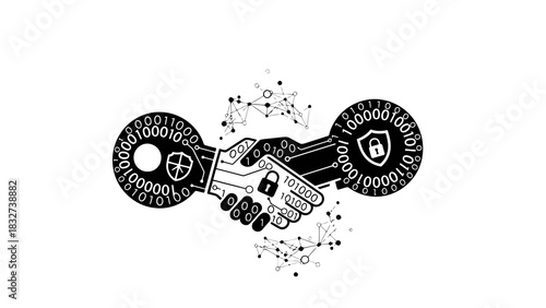 Digital handshake with binary code and security symbols isolated on white background