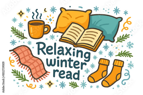 Cozy Winter Reading. Relaxing winter read. Hand-drawn doodle illustration of Relaxing winter read. open book,