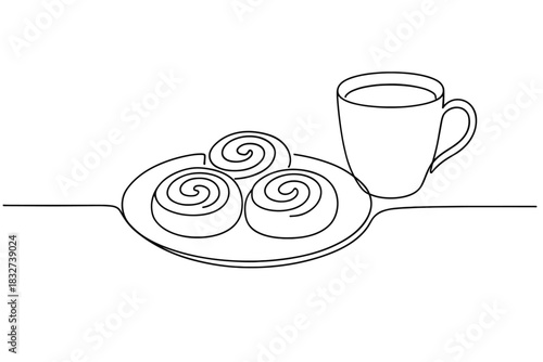 Cinnamon Rolls & Cocoa. Cinnamon rolls and hot cocoa. Minimalistic one-line drawing of a plate of cinnamon
