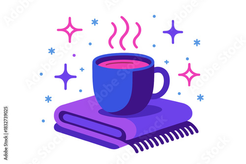 Cozy Winter Ambiance. Winter relaxation. Hot chocolate on a soft blanket, abstract spark icons and tiny