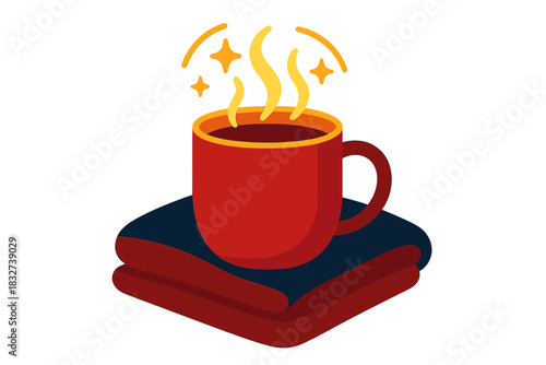 Cozy Hot Chocolate. Hot chocolate and blanket scene. A steaming mug of hot chocolate rests on a cozy blanket,