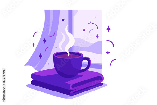 Cozy Winter Morning. Morning winter warmth. Steaming hot chocolate on a blanket by window, tiny spark icons