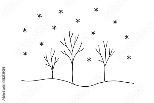 Minimalist Snowflake Elegance. Peaceful snowflakes. Minimalistic one-line drawing gentle winter flakes falling