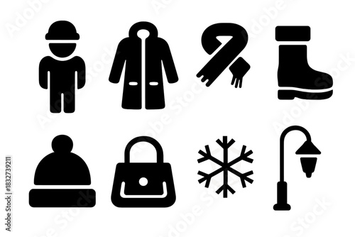 Urban Winter Icon Set. Urban fashion winter. Filled icon set of Urban fashion winter: person, coat, scarf,
