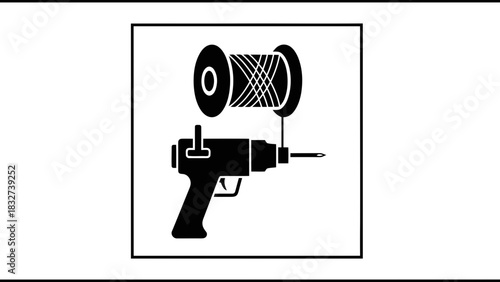 Black silhouette of a drill with a spool of thread isolated on white background