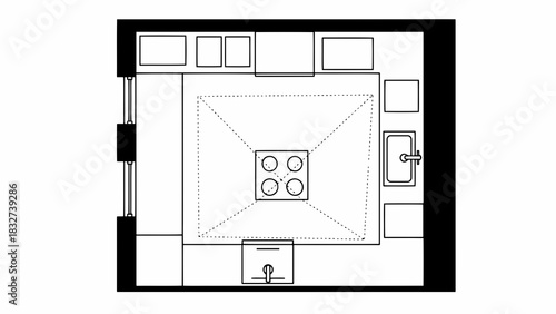 Kitchen layout plan with stove and sink isolated on white background