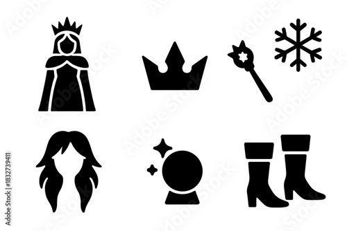 Ice Enchantress Icon Set. Ice enchantress character. Filled icon set of Ice enchantress character: queen,